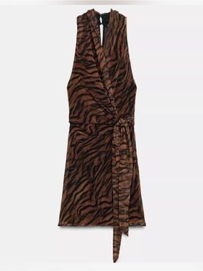 Zara Brown Tiger-Print Wrap Mini Dress
